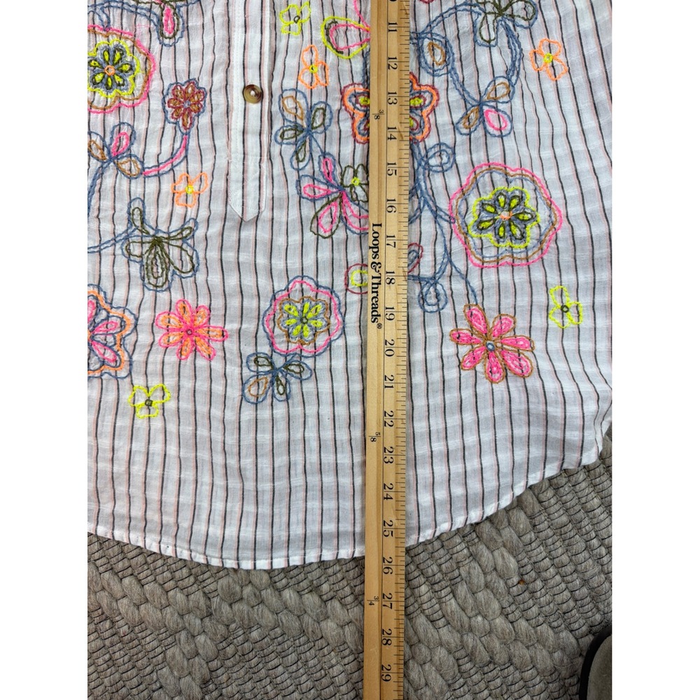 Pilcro by Anthropologie Floral Embroidered Striped Top Women Small Boho Linen - Picture 6 of 8